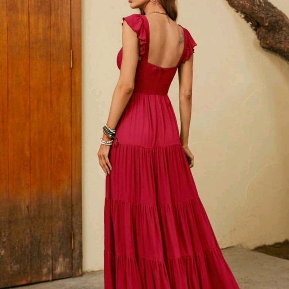 Solid Red Ruffle Hem Long Dress - Picture 4 of 6